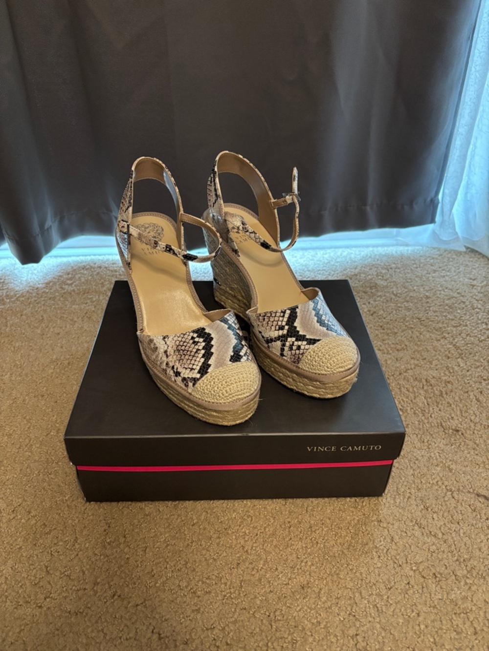 Vince Camuto Beige Snake-Print Espadrille Wedge Sandals